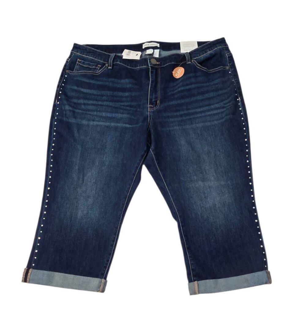 NWT Lane Bryant Super Stretch Pedal Crop Jeans Studded Dark Wash Size 33